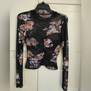 Black Floral Mesh Long Sleeve Top